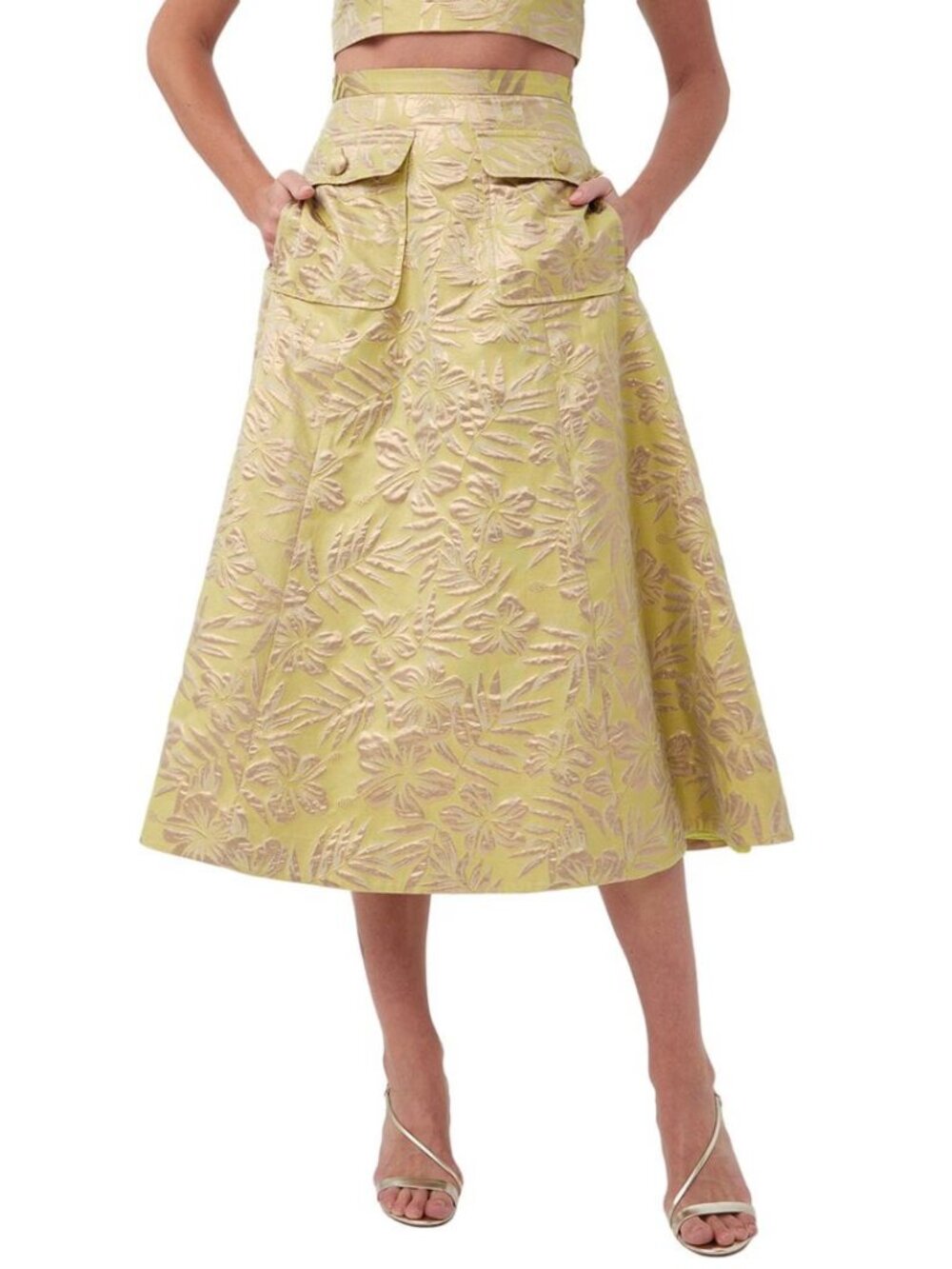 Trina Turk Guinevere Green Gold Metallic Jacquard Floral Midi Skirt 0 NWT